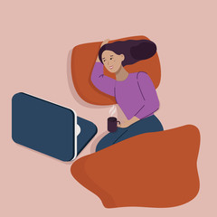 Vector cartoon illustration of Young woman drinking tea or coffee in a bed and checking her laptop, top view