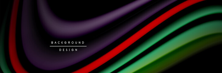 Сolorful flow poster. Wave liquid lines and shapes in black color background. Vector Illustration