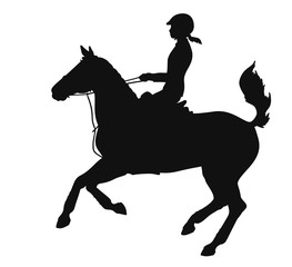 Silhouette of a young girl participates in competitions on a riding pony