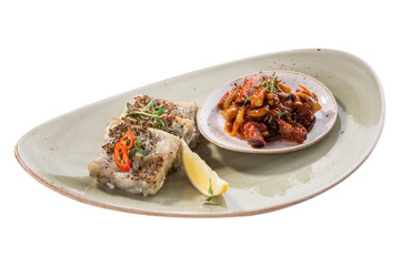 fried fish fillet in mustard with fried zucchini and eggplant isolated on white background