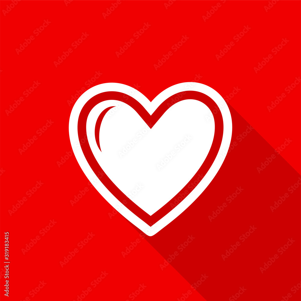 Poster flat white heart icon with a long shadow on a red background.