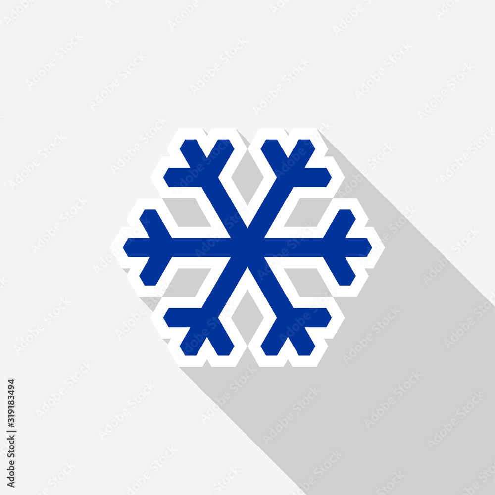 Poster flat blue snowflake icon with white outline and long shadow on a white background.