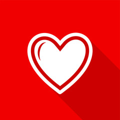 Flat white heart icon with a long shadow on a red background.