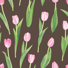 Obraz premium Watercolor Pink Tulips with Green Leaves Seamless Pattern. Flowers on Dark Brown Background. For Cards, Textile, International Women's Day, 8th March, Mother's Day, Spring and Summer Theme.