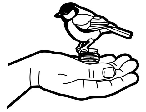recommend clip art: Bird tit and money in the hand of a man. Catch luck. Line graphics. Vector illustration