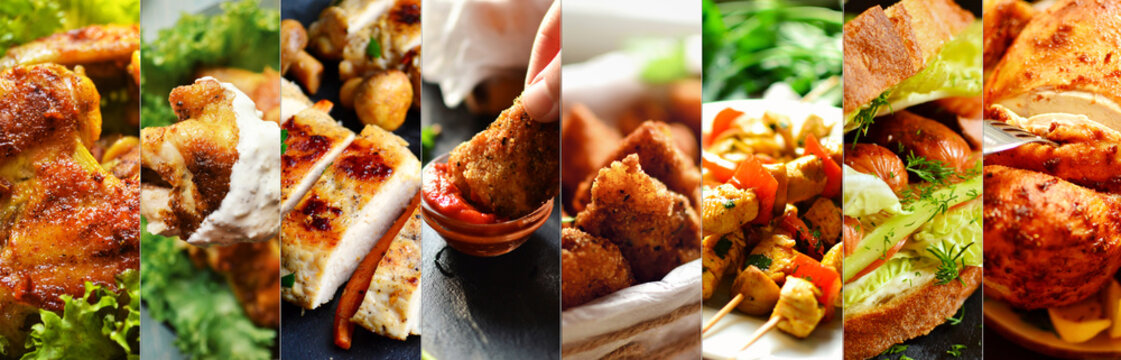 Varied food. Assortment of meat dishes. Delicious chicken and vegetable food.