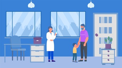 Father and kid son boy at pharmacy woman doctors childrens doctor podiatrist office vector illustration. Medical consultation and pills. Pharmaceutica healthcare pharmacist center specialist