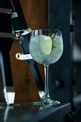 Gin tonic cocktail with rosemary on the background of a bar or restaurant.  Close-up.