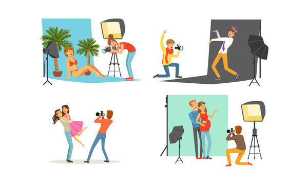 Photo Studio Collection, Male Photographers Taking Pictures of Models, Couples in Love with Professional Equipment Vector Illustration