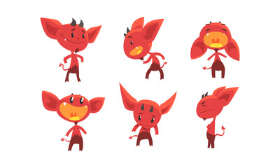 Cute Red Devil with Various Emotions and Actions Collection, Funny Demon Cartoon Characters Vector Illustration