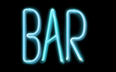 Blue neon inscription "BAR" on black background. Glowing letters isolated.