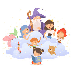 Naklejka premium Little Girl Holding Opened Book Reading Fairy Tale with Fairy-tale Characters Sitting Behind Her Vector Illustration