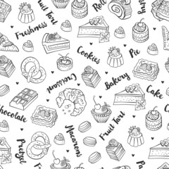 Bakery, cakes,dessert, pastries linear pattern. Hand drawn vector illustration of goodies, sweets, cakes and pastries. Design elements for confectionery and bakery shops.