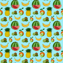 Cartoon seamless pattern with hand drawn fruits: banana, pineapple, orange, watermelon and kiwi on blue turquoise background. Print for textile, fabric, wrapping paper, candy wrapper and web design.
