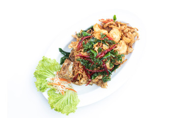 Food in a Thai restaurant Made from meat and vegetables on a white background