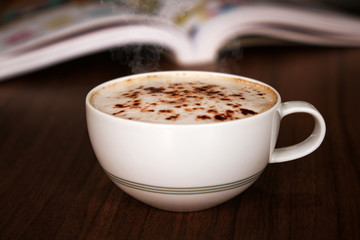 Hot mocha coffee on wooden floors
