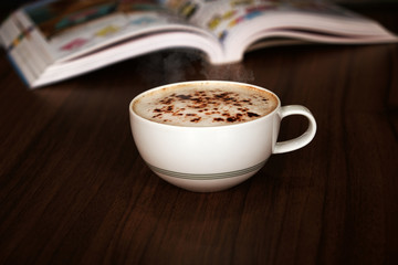 Hot mocha coffee on wooden floors