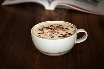 Hot mocha coffee on wooden floors