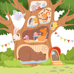 Funny Animals Inside the Tree Hollow Arranging Their Cozy Homes Vector Illustration