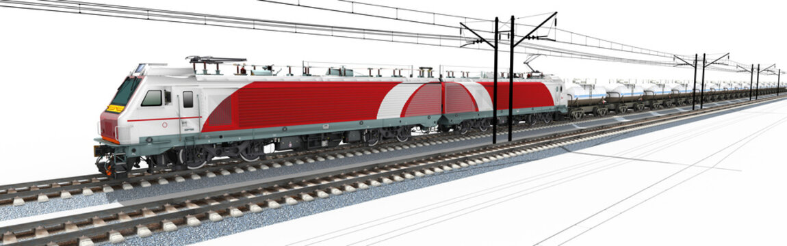 3d Elektro Lokomotive mit Tankwagen auf der Schiene, freigestellt