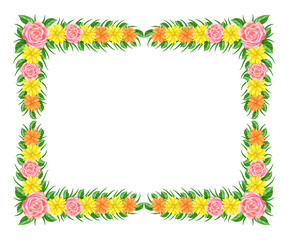 Floral frame colorful and beautiful rose flowers and leaves template decoration.