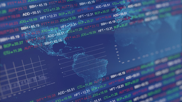 Stock market tickers with graphs and charts. Digital animation of Stock market prices changing.