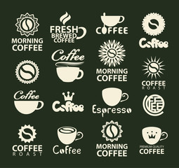 Set of vector coffee logos or icons with coffee cup, coffee beans and inscriptions. Templates for labels, badges, flyers, banners, invitations, brochures, menus, design elements.