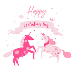 Valentines Day greeting card with unicorns. Vector greeting card for Saint Valentine Day with pink unicorns, vintage ribbon and cheerful text.