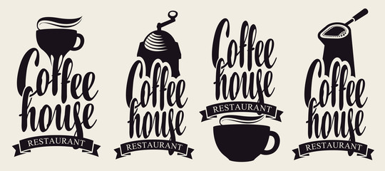 Set of vector coffee logos or design elements for coffee house with cup, coffee grinder and calligraphic inscriptions. Templates for labels, badges, flyers, banners, invitations, brochures, menus