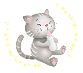Obraz na płótnie Canvas cartoon little cat with child bottle