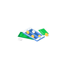 Isometric balance mobile application. Vector illustration of golden and silver coins with phone app, banknote, and card