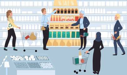 People in grocery store, sale at supermarket, vector illustration. Men and women buying food in shop. Hand drawn cartoon characters, grocery store or supermarket. Discount prices for food, busket
