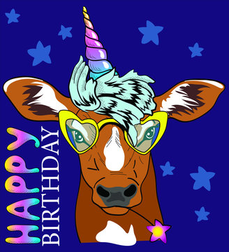 Cute bull unicorn on the starry sky. Taurus zodiac sign. Happy birthday - lettering. Humor card, t-shirt composition, hand drawn style print. Vector illustration. Cute cow in glasses 