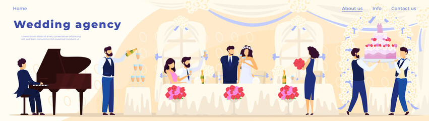 Wedding banquet in restaurant, catering agency website design, vector illustration. Romantic couple celebrating wedding, happy bride and groom at table with guests. Catering service for banquet event
