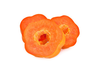 unpeeled and sliced ripe papaya on white background
