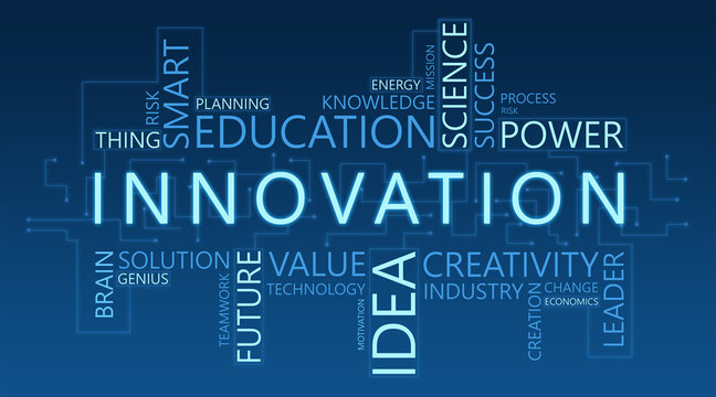 Innovation Wordcloud Illustration Of Innovative Future Technologies, Blue Background, Panorama