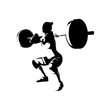 Squats, woman lifts big barbell, isolated vector silhouette. Ink drawing