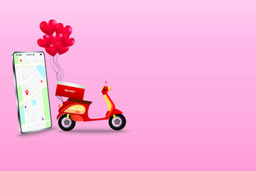 Business concept of delivery by scooter and application on mobile, balloon in a shape of heart floating over scooter and phone which the display show map and GPS to deliver in Valentine's season.