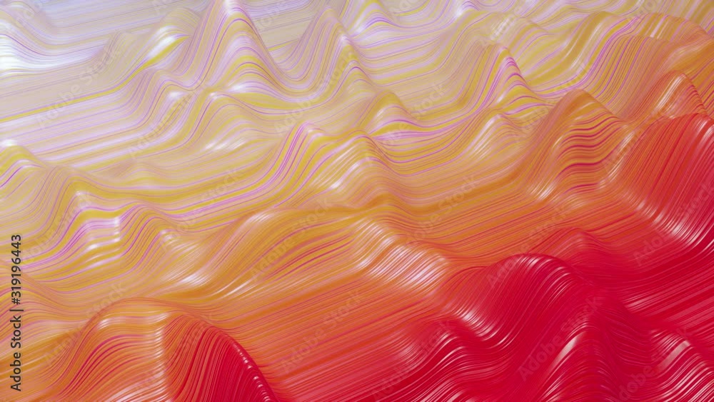 Poster beautiful abstract background of waves on surface, red yellow color gradients, extruded lines as str
