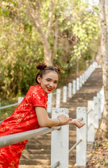 Asian women wearing chinese red dress.