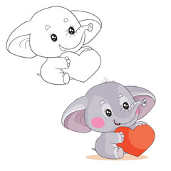 set of cute little elephant holding a big red heart and wants to give it as a sign of love in color and outline,