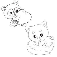 outline set of a panda with a big heart and a kitten sitting on a heart-shaped pillow in an isolated object on a white background,