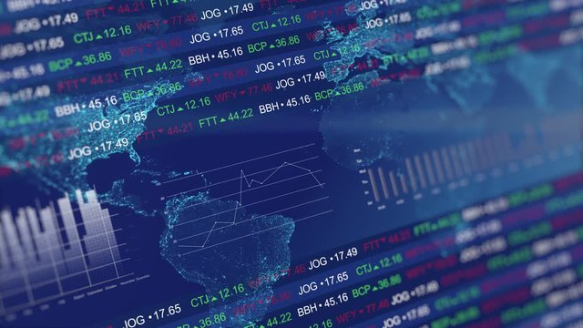 Stock market tickers with graphs and charts. Digital animation of Stock market prices changing. 4k animation