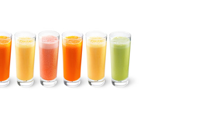 Fresh natural juice from vegetables and fruits isolated on white Fresh juice mix, healthy drinks and smoothie Healthy lifestyle and detox concept Copy free space