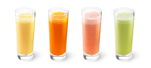 Fresh natural juice from vegetables and fruits in glasses isolated on white Fresh juice mix,...