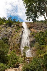 Fototapeta na wymiar Sunny day in the Tropical waterfall falls from the mountain cliff to the jungle, serene landscape of Diyaluma falls.
