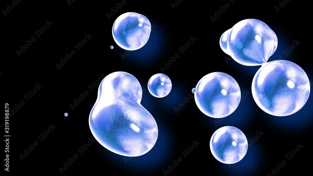 Poster amasing abstract background of metaballs as if glass drops or spheres filled with blue sparkles merg