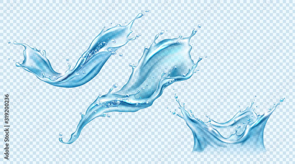 Poster water splash set. aqua liquid in shape of crown and dynamic motion elements with spray droplets side