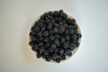  Fresh blackberries in a white plate.
