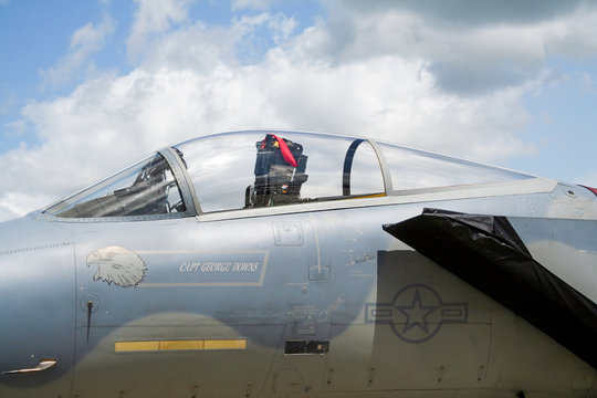 FLORENNES, BELGIUM - JUL 6, 2008: US Air Force F-15C Eagle cockpit close up view.